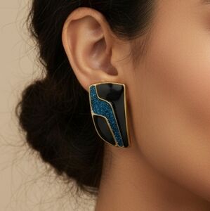 Vintage 80s Modern Abstract Black & Blue Glitter Enamel Earrings